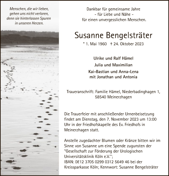 Todesanzeige von Susanne Bengelsträter von WA