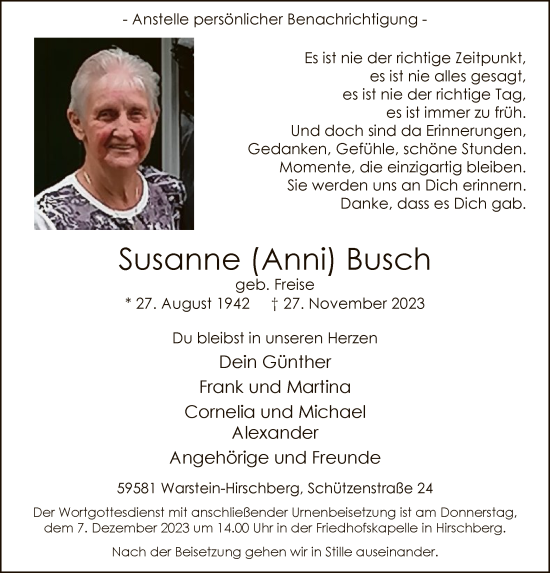 Todesanzeige von Susanne  Busch von WA
