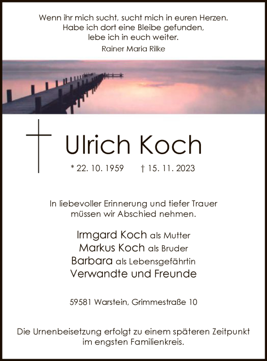 Todesanzeige von Ulrich Koch von WA