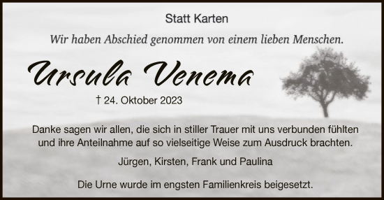 Todesanzeige von Ursula Venema von WA