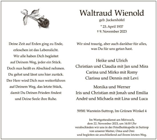Todesanzeige von Waltraud Wienold von WA