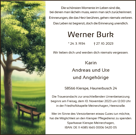 Todesanzeige von Werner Burk von WA