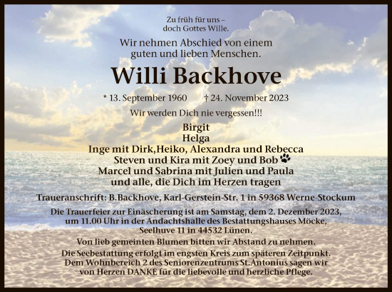 Todesanzeige von Willi Backhove von WA
