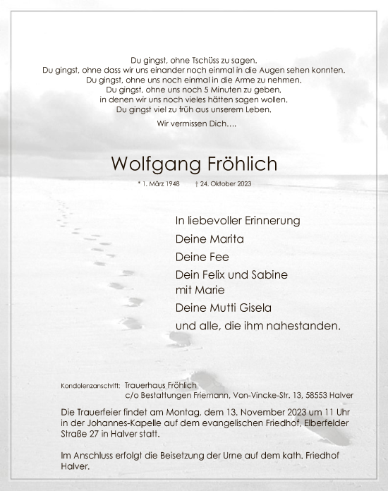 Todesanzeige von Wolfgang Fröhlich von WA