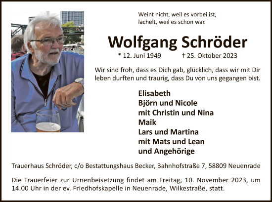 Todesanzeige von Wolfgang Schröder von WA