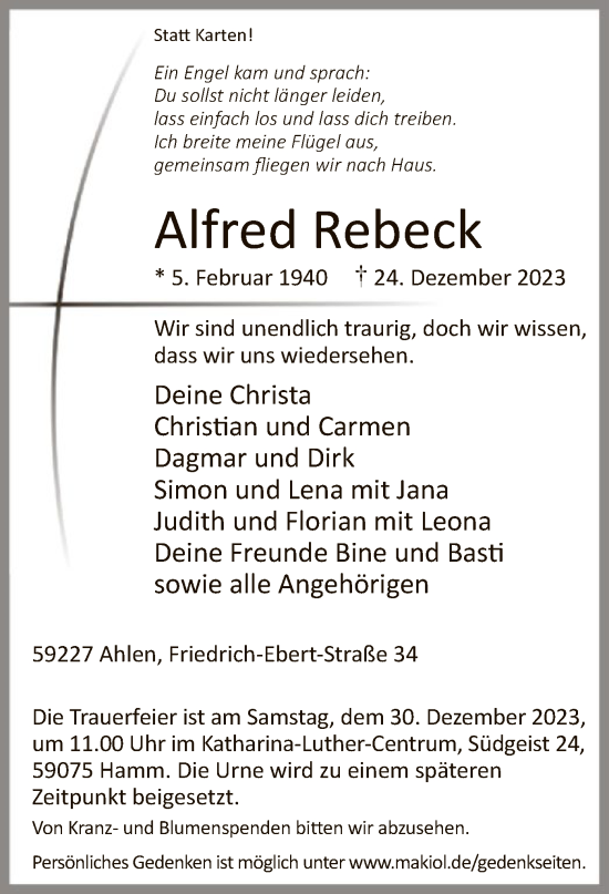 Todesanzeige von Alfred Rebeck von WA