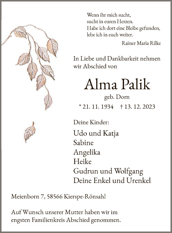 Todesanzeige von Alma Palik von WA