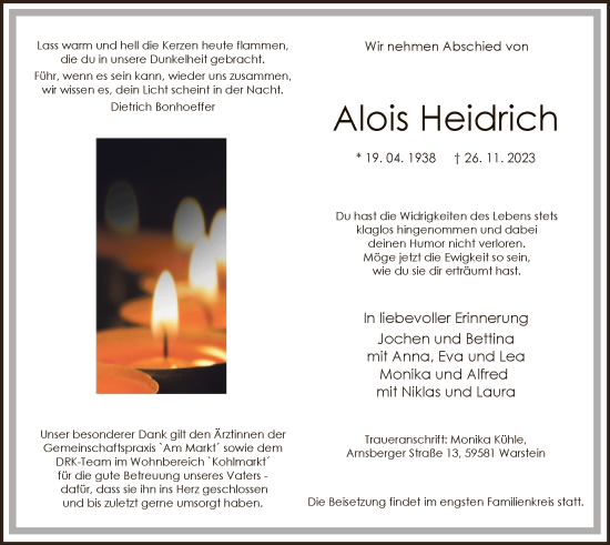 Todesanzeige von Alois Heidrich von WA