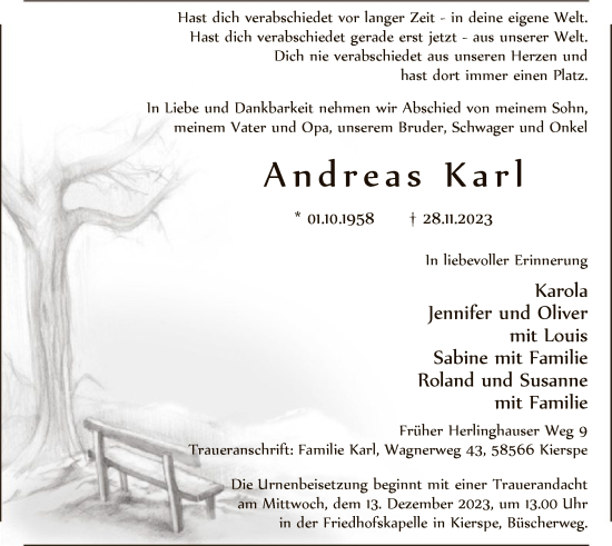 Todesanzeige von Andreas Karl von WA