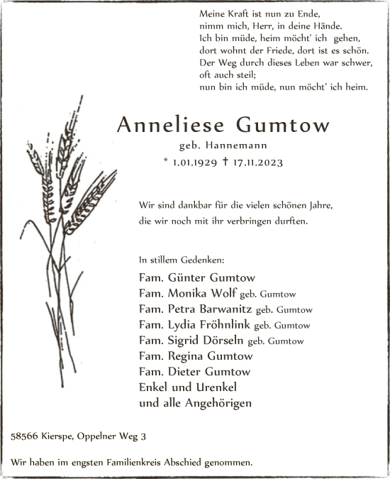 Todesanzeige von Anneliese Gumtow von WA