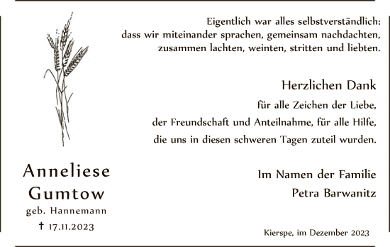 Todesanzeige von Anneliese Gumtow von WA