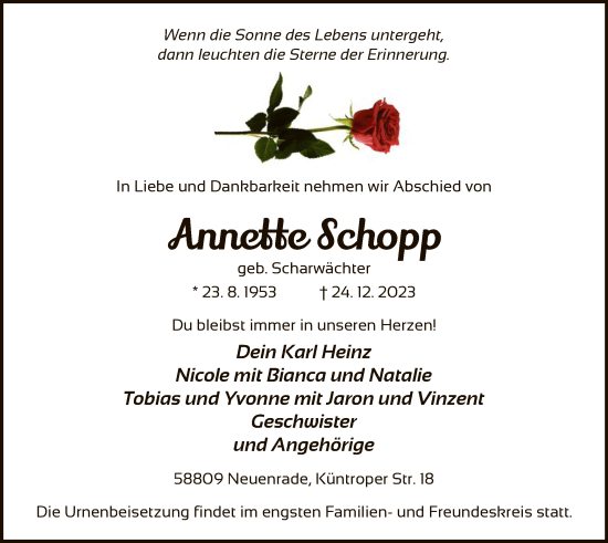 Todesanzeige von Annette Schopp von WA