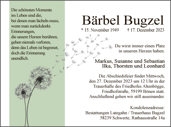 Todesanzeige von Bärbel Bugzel von WA