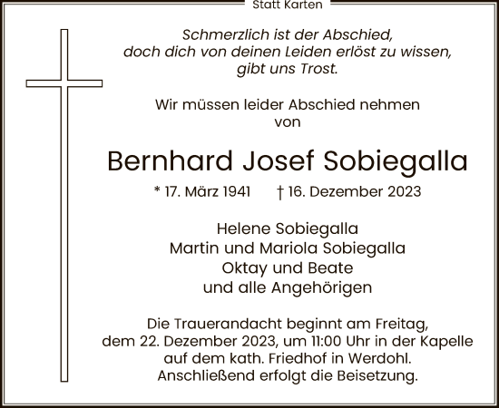 Todesanzeige von Bernhard Josef Sobiegalla von WA