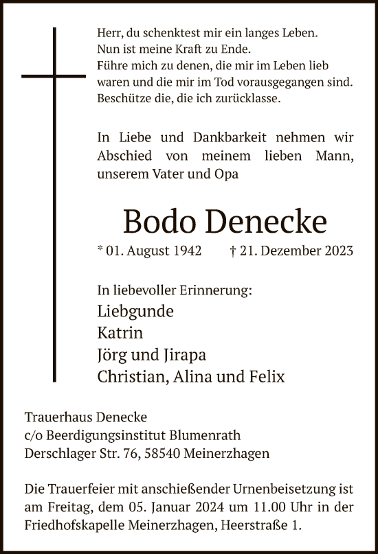 Todesanzeige von Bodo Denecke von WA