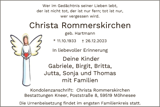 Todesanzeige von Christa Rommerskirchen von WA