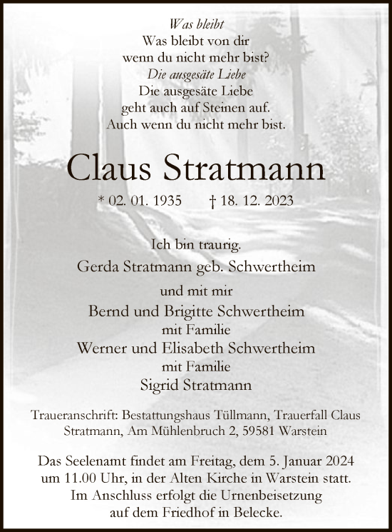Todesanzeige von Claus Stratmann von WA