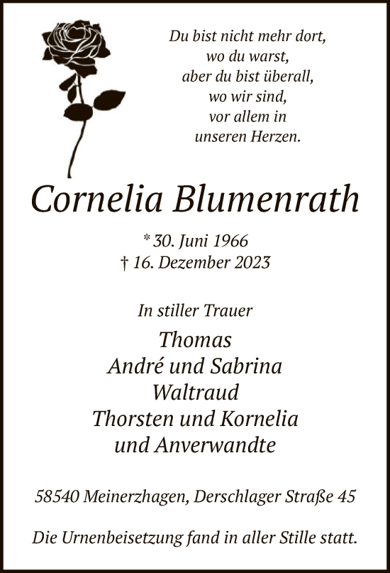 Todesanzeige von Cornelia Blumenrath von WA