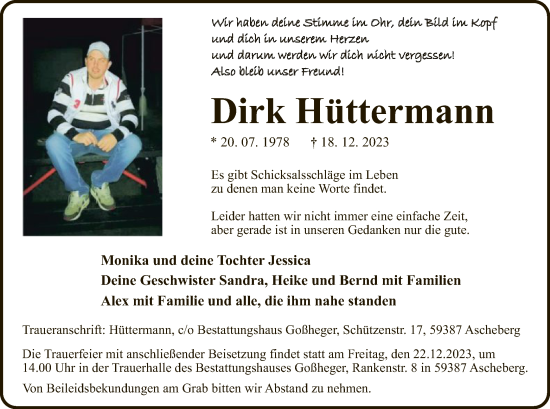Todesanzeige von Dirk Hüttermann von WA