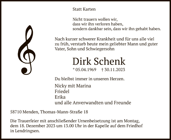 Todesanzeige von Dirk Schenk von WA