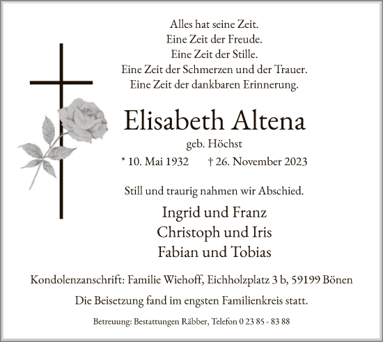 Todesanzeige von Elisabeth Altena von WA