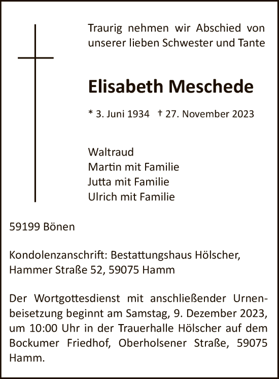 Todesanzeige von Elisabeth Meschede von WA