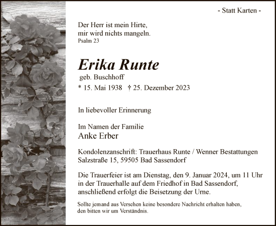 Todesanzeige von Erika Runte von WA