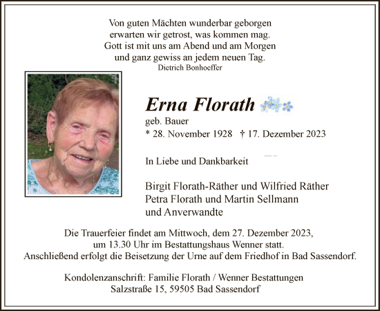 Todesanzeige von Erna Florath von WA