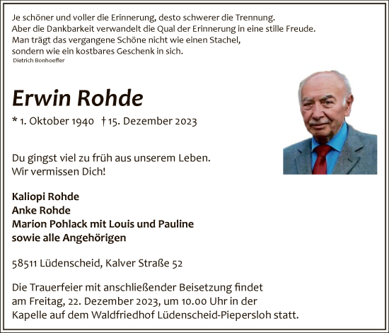 Todesanzeige von Erwin Rohde von WA