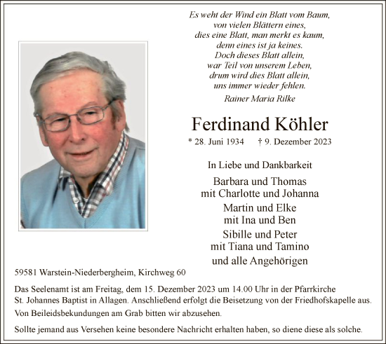 Todesanzeige von Ferdinand Köhler von WA