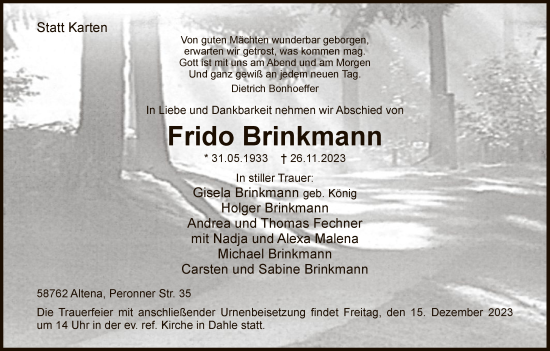 Todesanzeige von Frido Brinkmann von WA