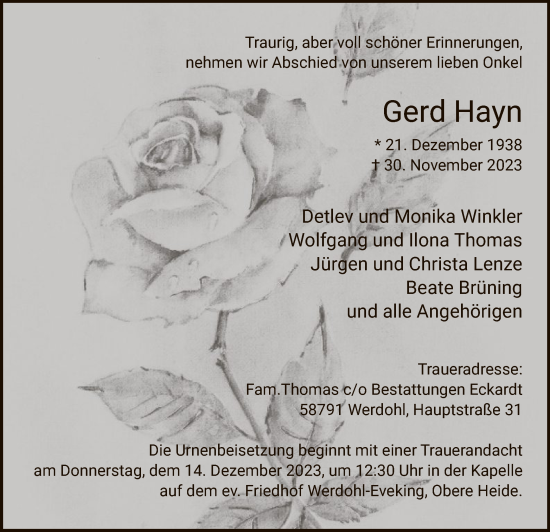Todesanzeige von Gerd Hayn von WA