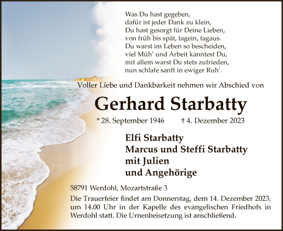 Todesanzeige von Gerhard Starbatty von WA