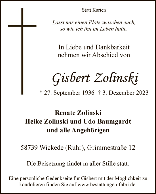 Todesanzeige von Gisbert Zolinski von WA