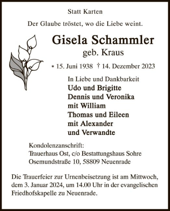 Todesanzeige von Gisela Schammler von WA