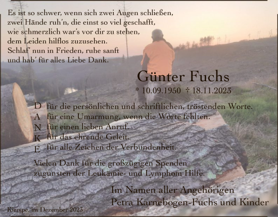 Todesanzeige von Günter Fuchs von WA