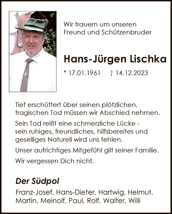 Todesanzeige von Hans-Jürgen Lischka von WA