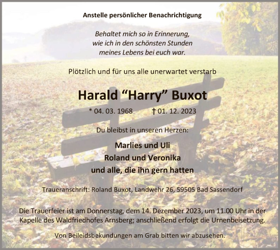 Todesanzeige von Harald Buxot von WA