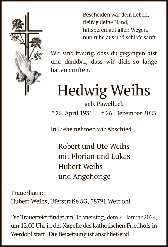 Todesanzeige von Hedwig Weihs von WA