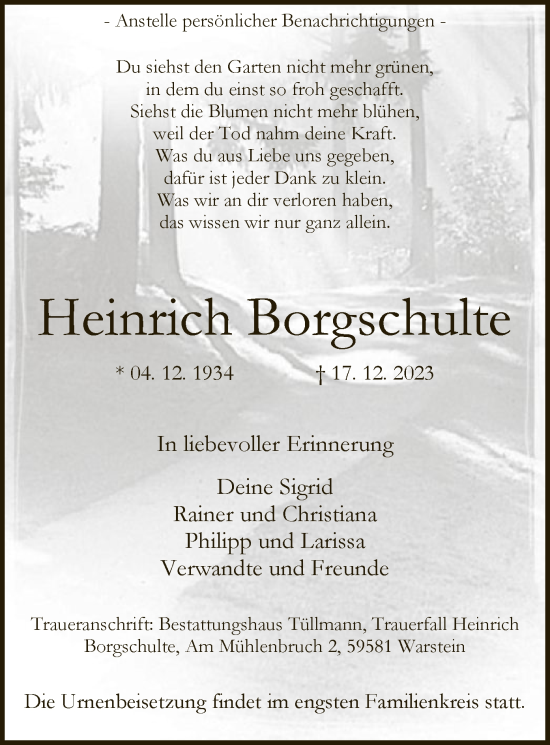 Todesanzeige von Heinrich Borgschulte von WA