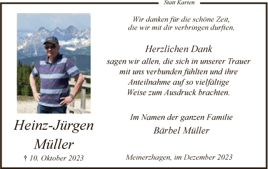 Todesanzeige von Heinz-Jürgen Müller von WA
