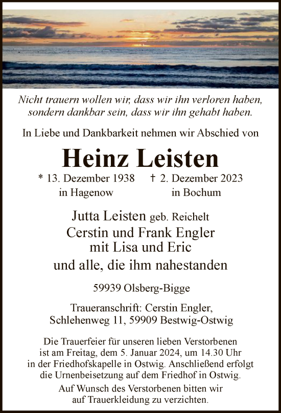 Todesanzeige von Heinz Leisten von WA