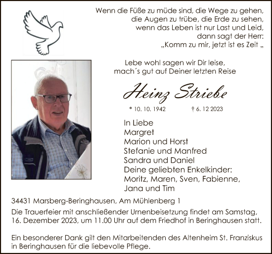 Todesanzeige von Heinz Striebe von WA