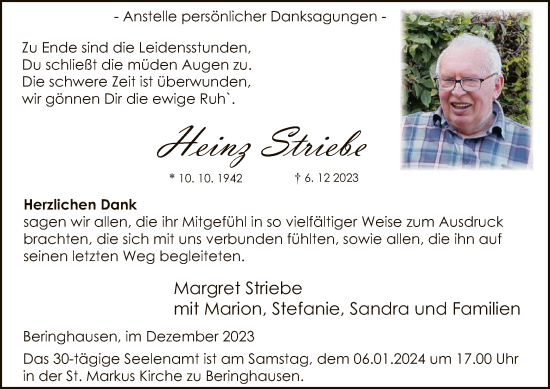 Todesanzeige von Heinz Striebe von WA