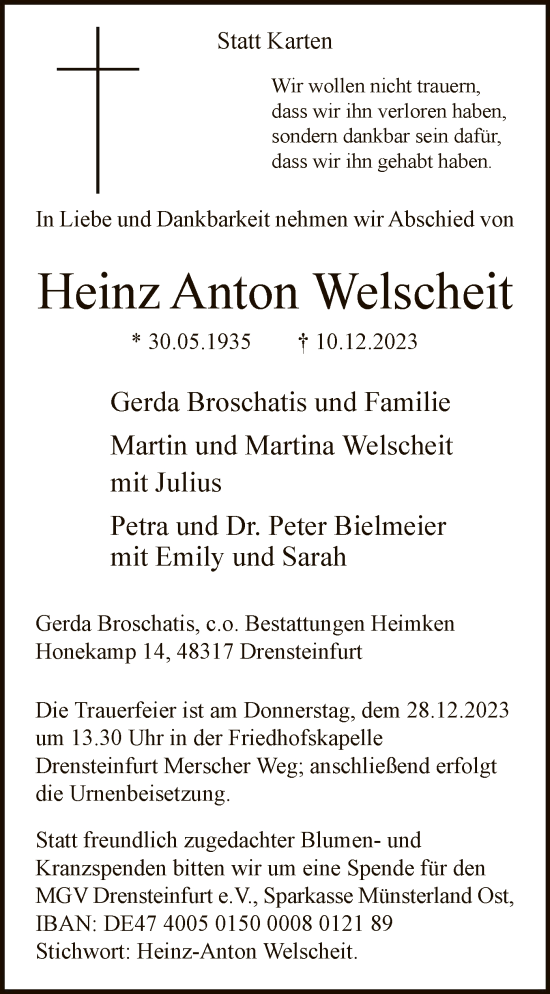 Todesanzeige von Heinz Anton Welscheit von WAWA