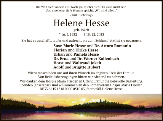 Todesanzeige von Helene Hesse von WA