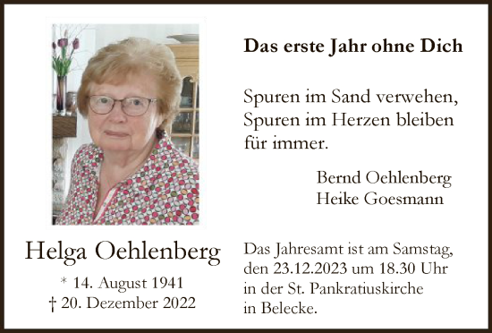 Todesanzeige von Helga Oehlenberg von WA