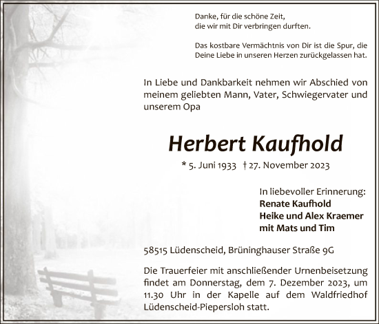 Todesanzeige von Herbert Kaufhold von WA