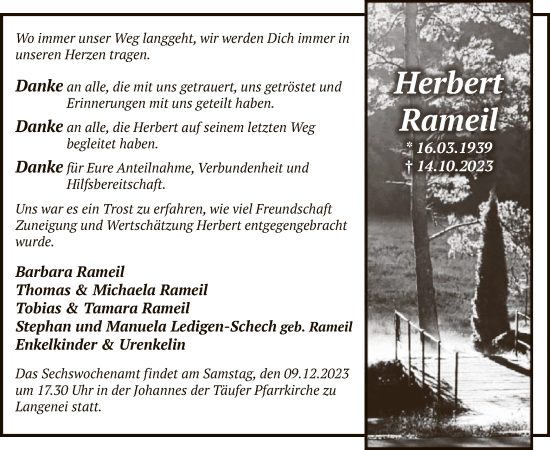 Todesanzeige von Herbert Rameil von WA