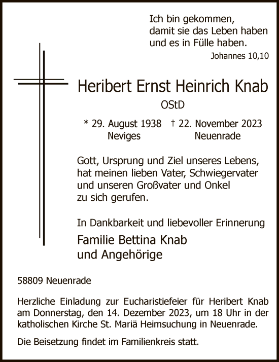 Todesanzeige von Heribert Ernst Heinrich Knab von WA